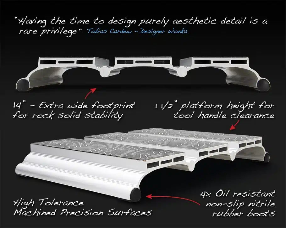 Side profiles of a machined aluminum woodworking tool platform with wide base, non-slip rubber boots, and precision surfaces.