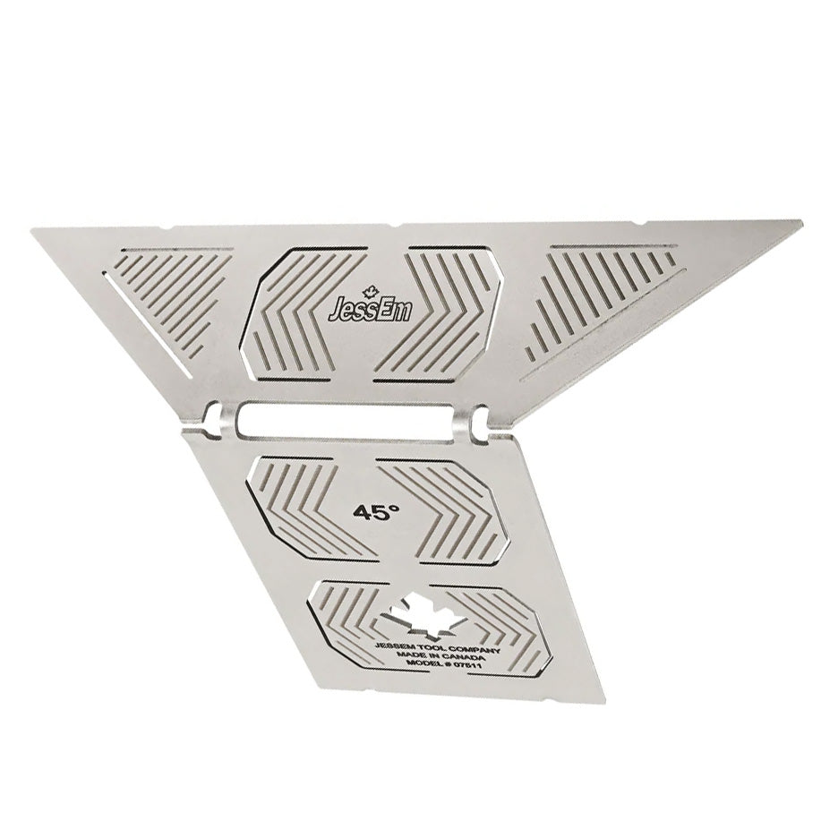 Stainless steel 45-degree woodworking angle gauge with JessEm logo and precise etched markings.