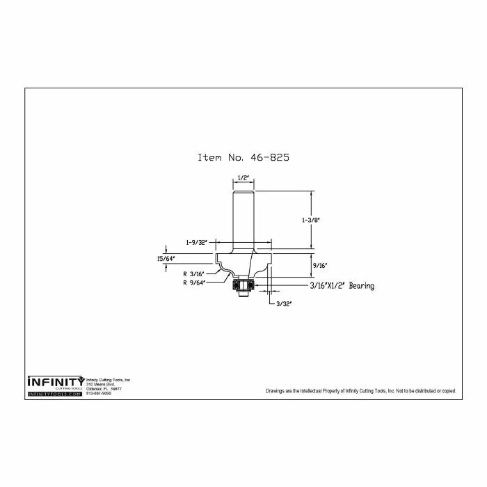 Technical drawing of router bit item 46-825 with precise measurements and bearing details.