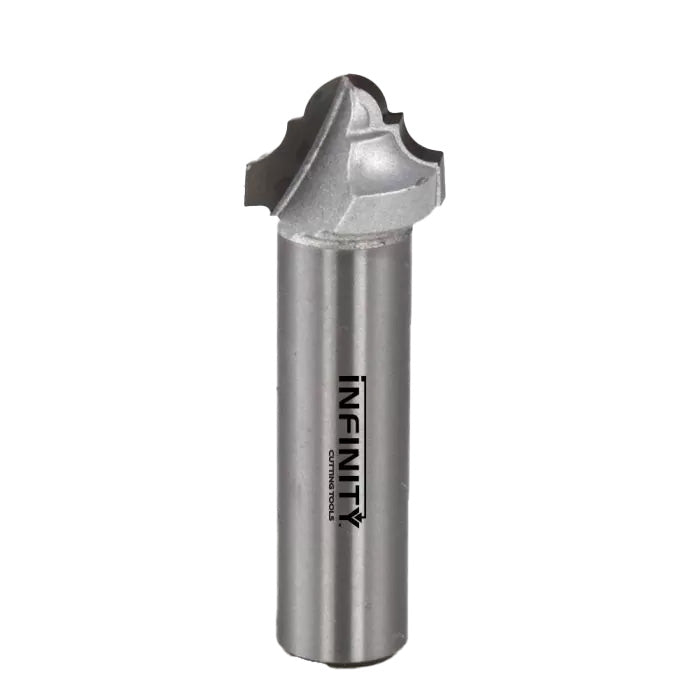 Decorative edge router bit with steel shank for woodworking on white background