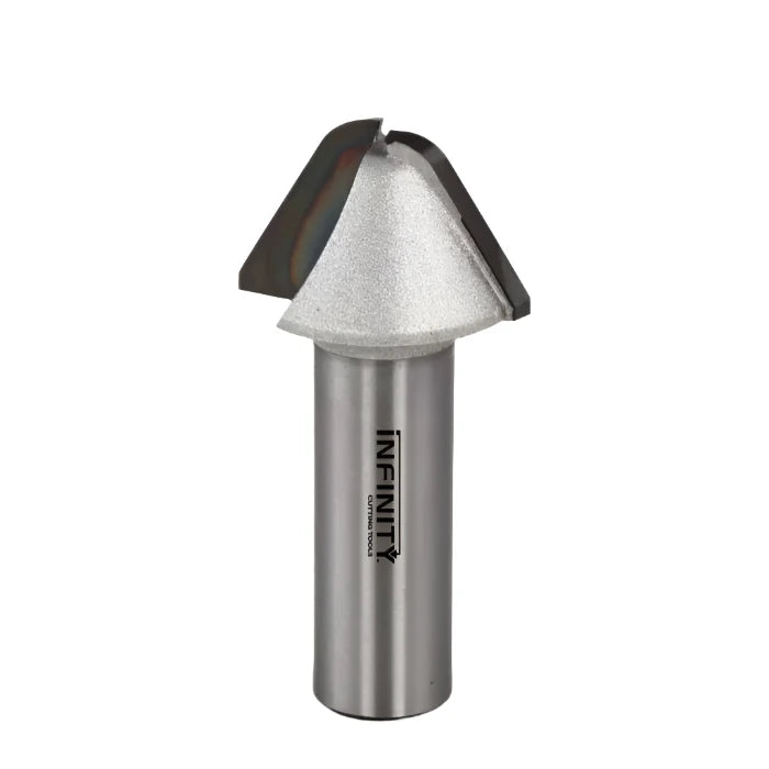 Carbide-tipped chamfer router bit for woodworking with engraved shaft and sharp angled edges