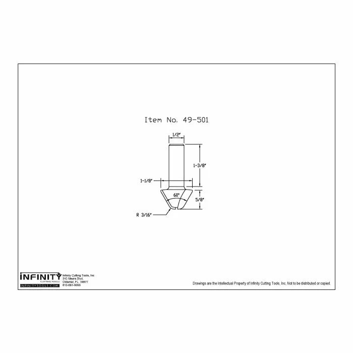 Technical drawing of 60 degree router bit, item 49-501, with diameter measurements.