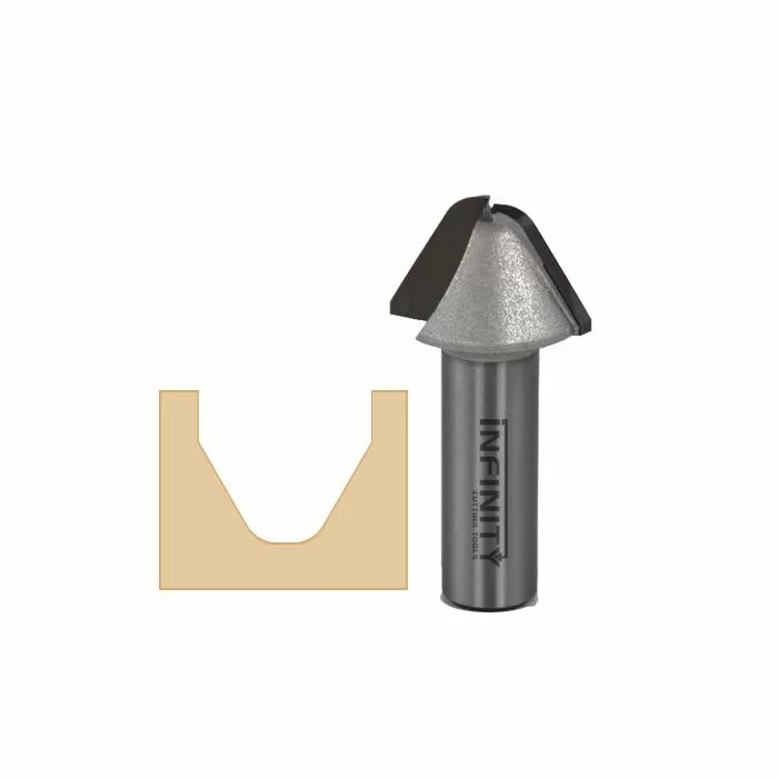 V-groove router bit with carbide tip for woodworking, shown with cut profile example.