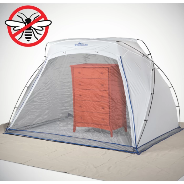 Spray shelter tent with mesh screen protecting painted dresser, woodworking dust control