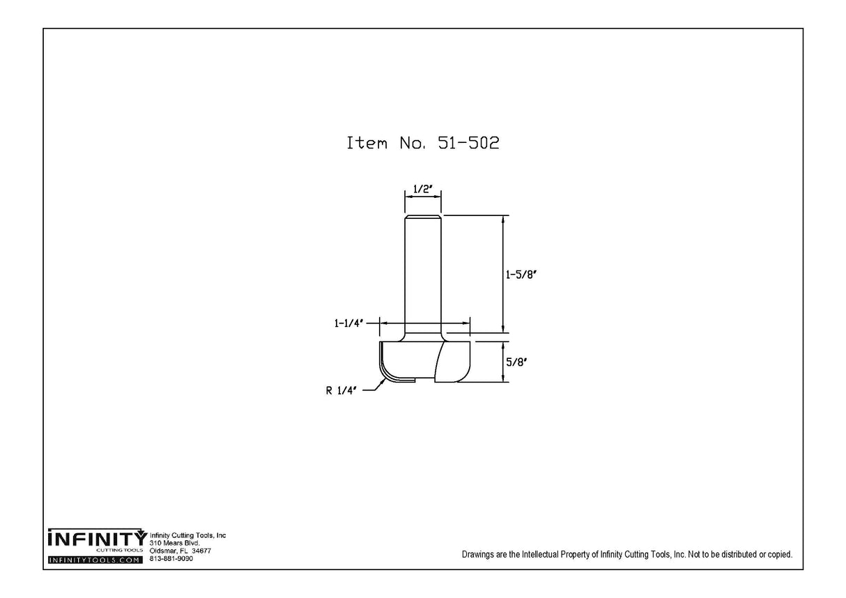 Technical drawing of woodworking router bit with dimensions, item number 51-502.