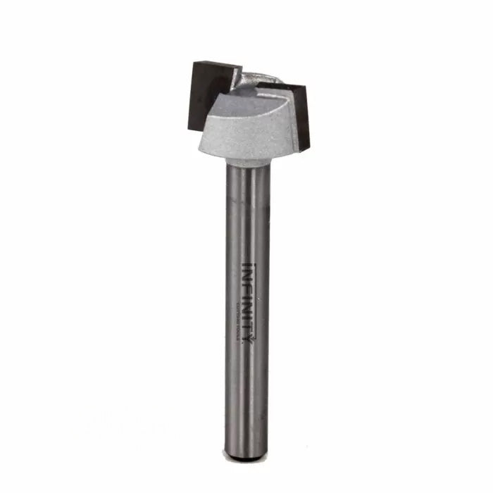 Straight router bit with carbide tip for woodworking on white background