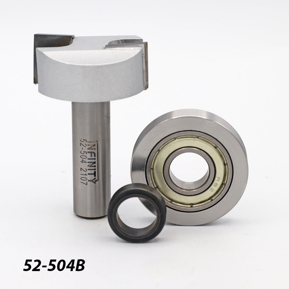 Woodworking router bit with bearing and spacer on white background, label 52-504B