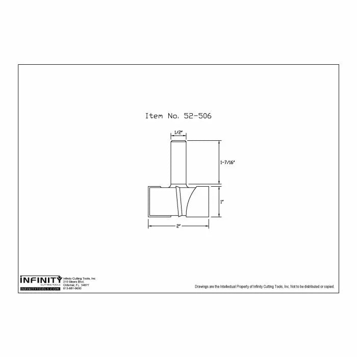 Technical diagram of router bit with dimensions, 1/2 inch shank, 2 inch cutting width.