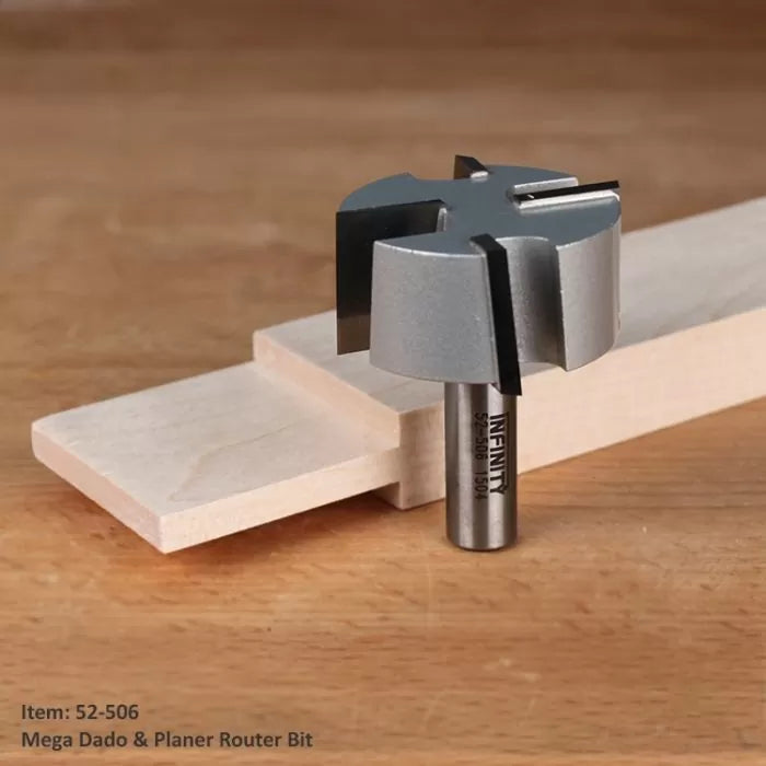 Mega dado and planer router bit on wood, woodworking tool for precise cutting and shaping