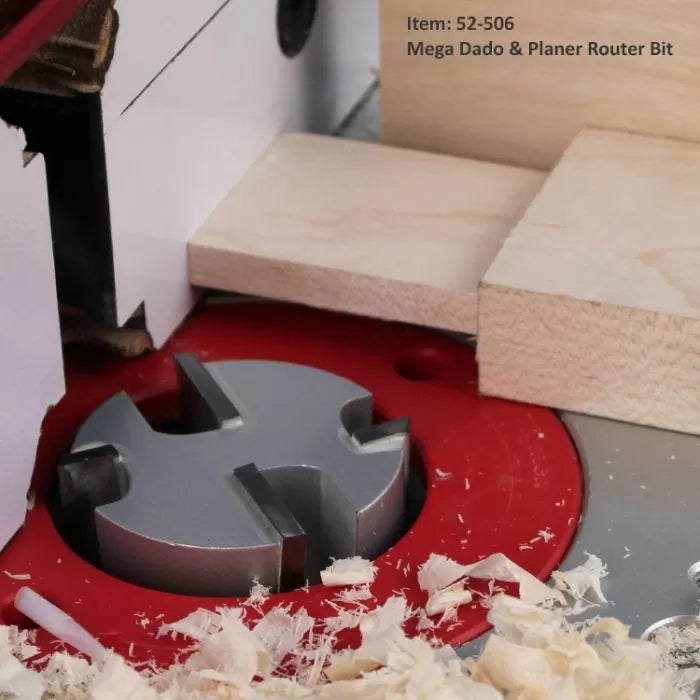 Mega Dado and planer router bit cutting wood on router table, surrounded by wood shavings