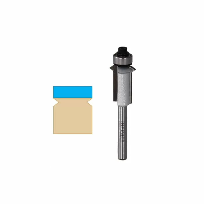 Woodworking slot cutting router bit with bearing and profile diagram on white background