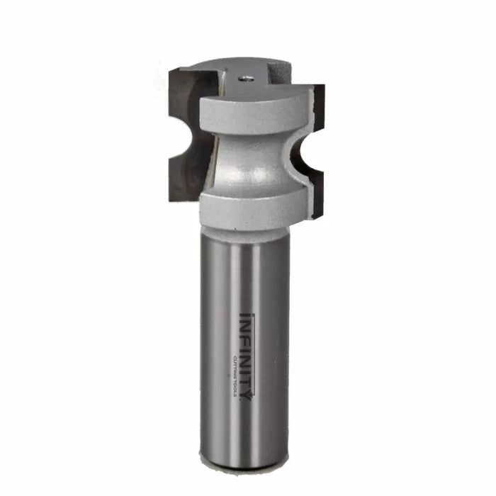 Carbide-tipped router bit for woodworking, isolated on white background.