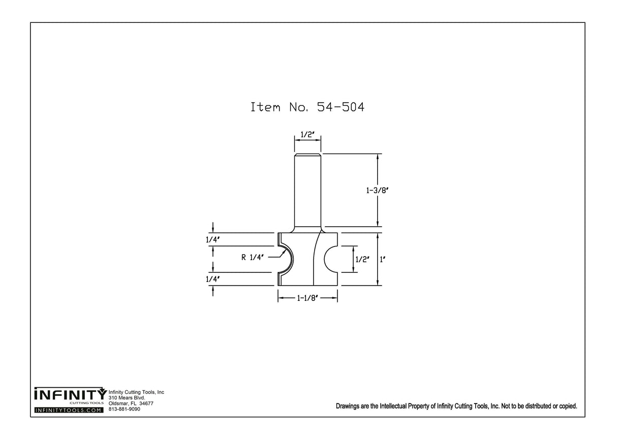 Technical drawing of woodworking router bit with detailed dimensions, item 54-504.