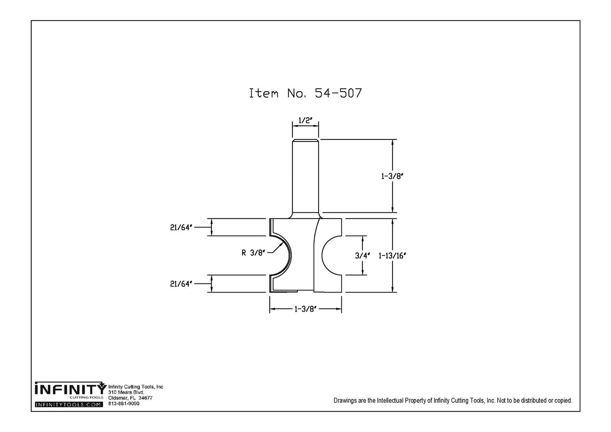 Technical drawing of woodworking router bit with dimensions, item 54-507.