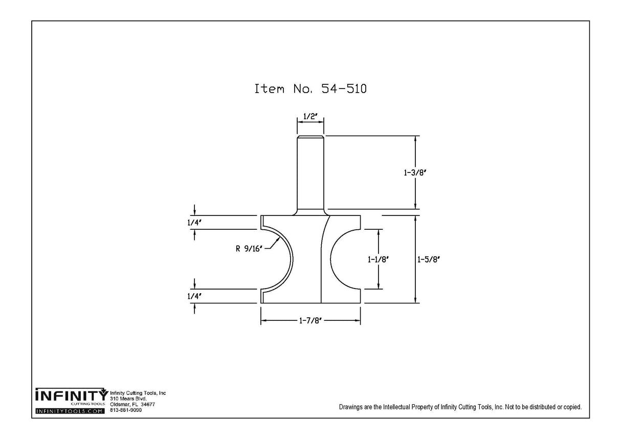 Router bit technical drawing with dimensions, item 54-510, woodworking tool diagram