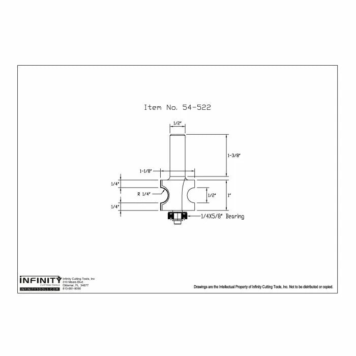 Technical drawing of router bit with bearing, item 54-522, featuring detailed woodworking tool dimensions.