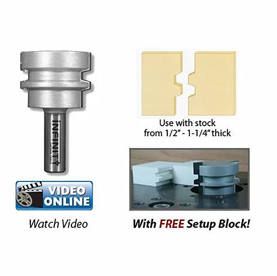 Router table slot cutter bit with setup block, sample cut and online video icon for woodworking.