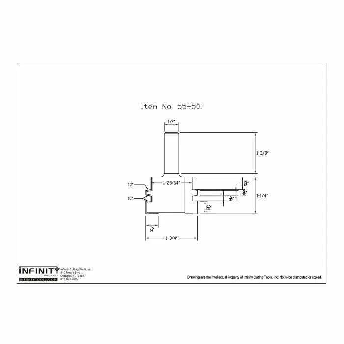 Technical drawing of woodworking router bit, side profile with detailed measurements.