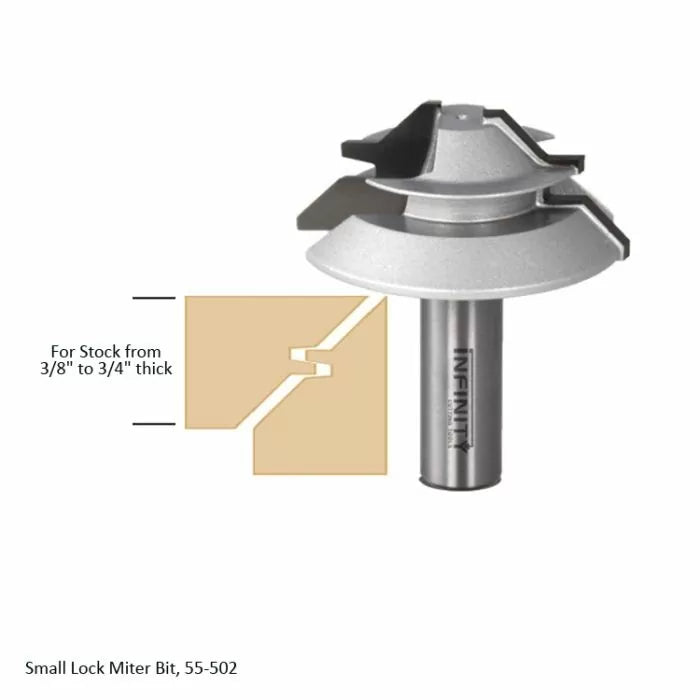 Small lock miter router bit with diagram for joining 3/8 to 3/4 inch thick wood stock