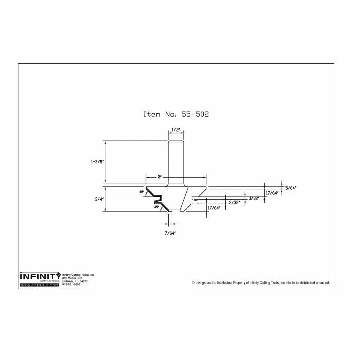 Router bit technical drawing with dimensions, labeled item no. 55-502, woodworking tool