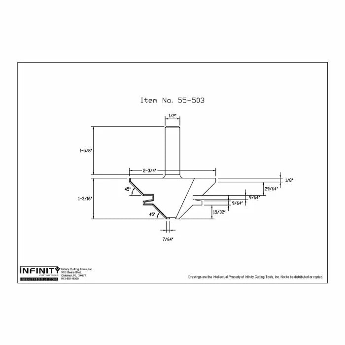 Technical drawing of woodworking router bit with precise dimensions and profile angles