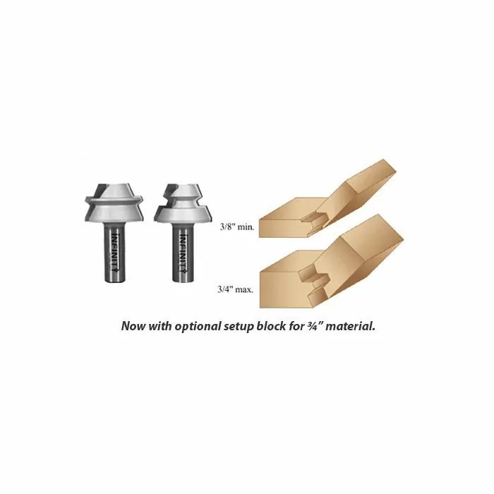 Router bits with accompanying joinery examples for woodworking, showing setup options for 3/8 to 3/4 inch material.