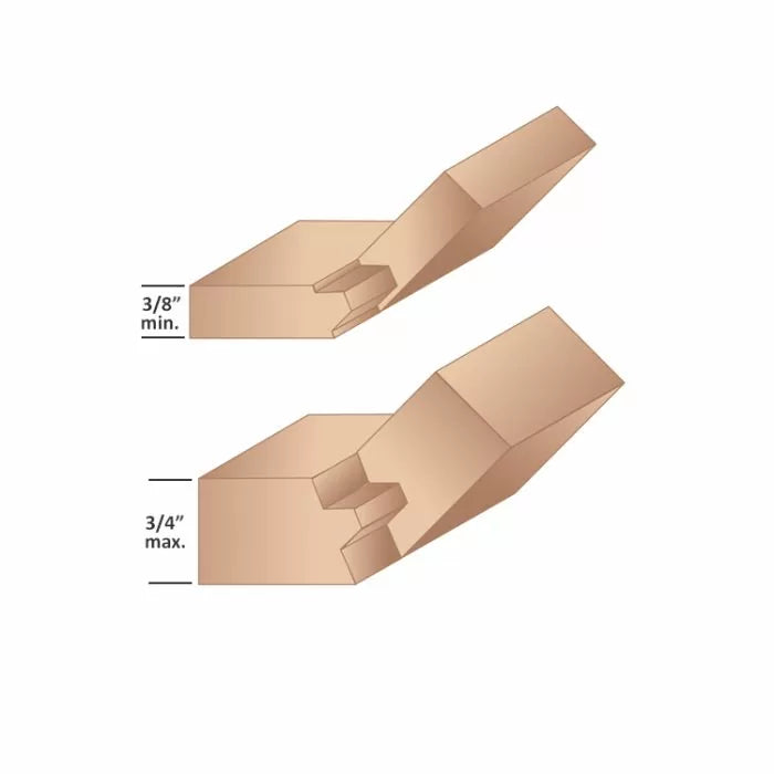 Woodworking mitered corner joint diagram showing 3/8 inch minimum and 3/4 inch maximum board thickness.