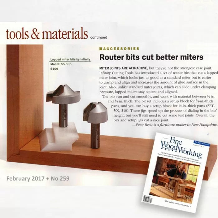 Lapped miter router bits on display with wood sample, woodworking magazine and article text.