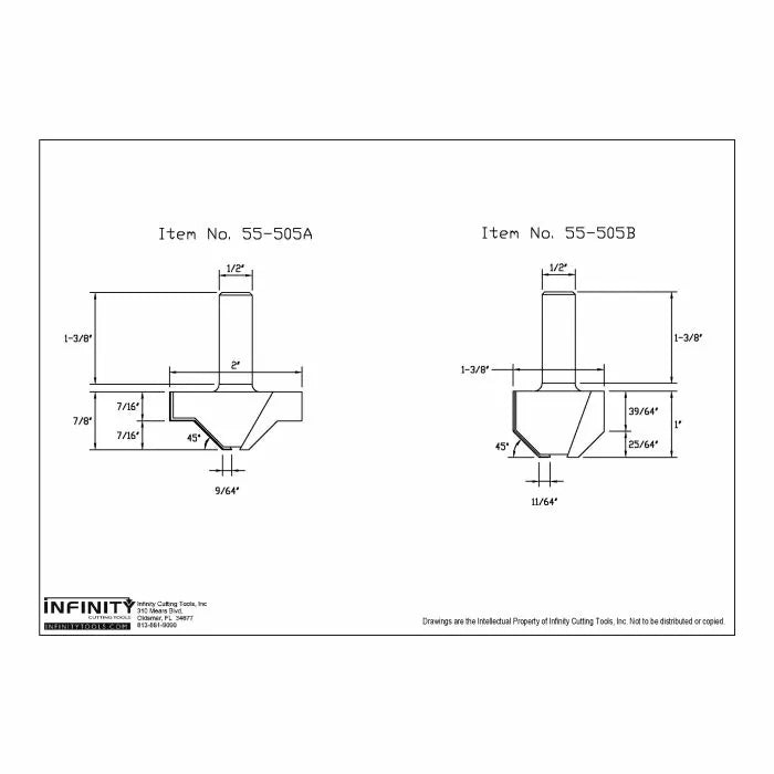 Technical drawings of two woodworking router bits with labeled dimensions and measurements.