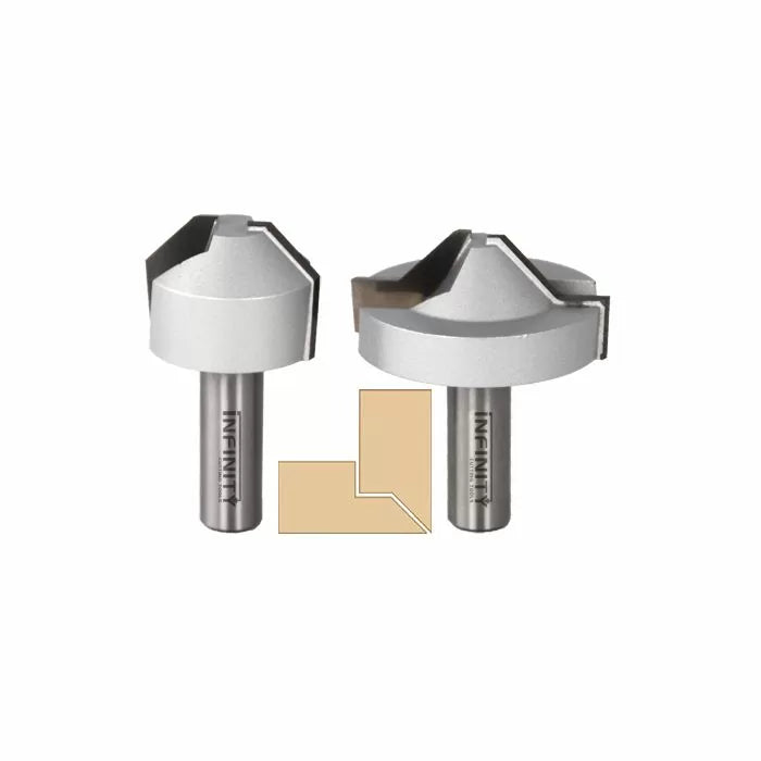 Carbide chamfer router bits for woodworking with sample edge profile, two-piece set