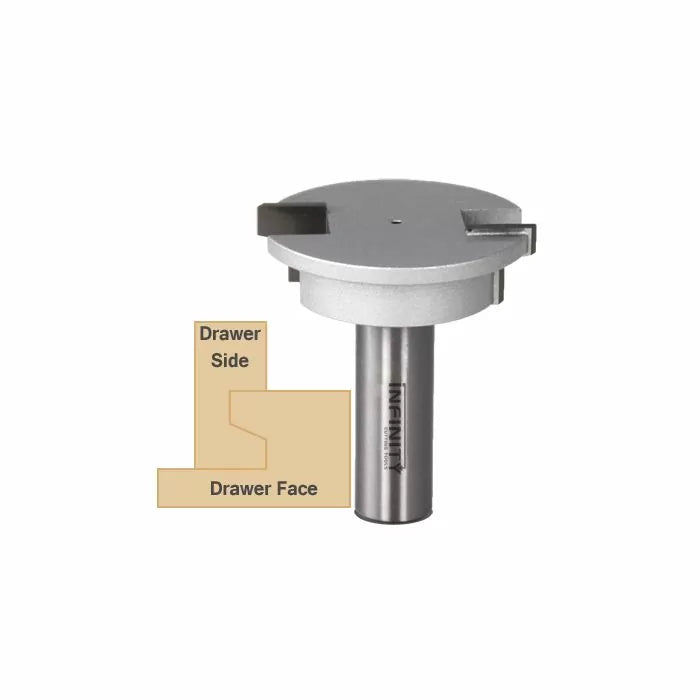 Carbide drawer lock router bit with diagram for woodworking joinery.