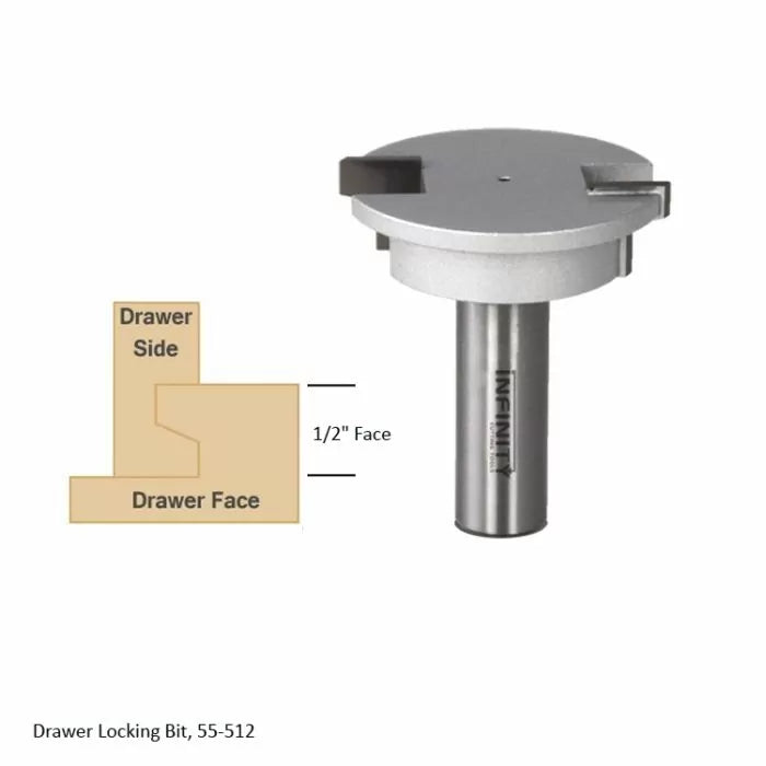 Drawer locking router bit with diagram showing 1/2 inch face joinery for woodworking drawers
