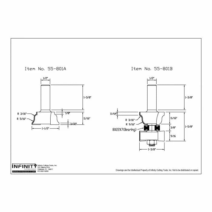 Technical drawing of woodworking router bits, item 55-801A and 55-801B, with measurements.