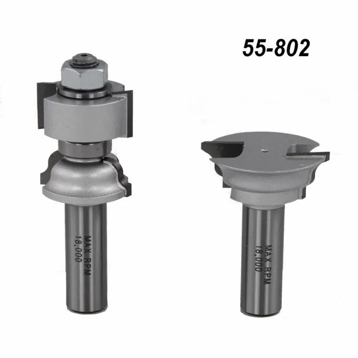 Woodworking router bit set with shank, labeled 55-802, for joinery and edge profiling.
