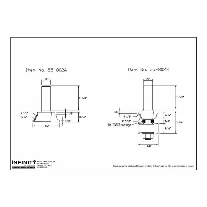 Technical diagram of woodworking router bits, item 55-802A and 55-802B, with measurements.
