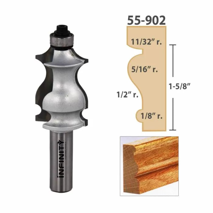 Roman ogee router bit with detailed molding profile and size measurements for woodworking.