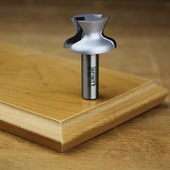 Classical router bit for woodworking on a finished wooden board, close-up