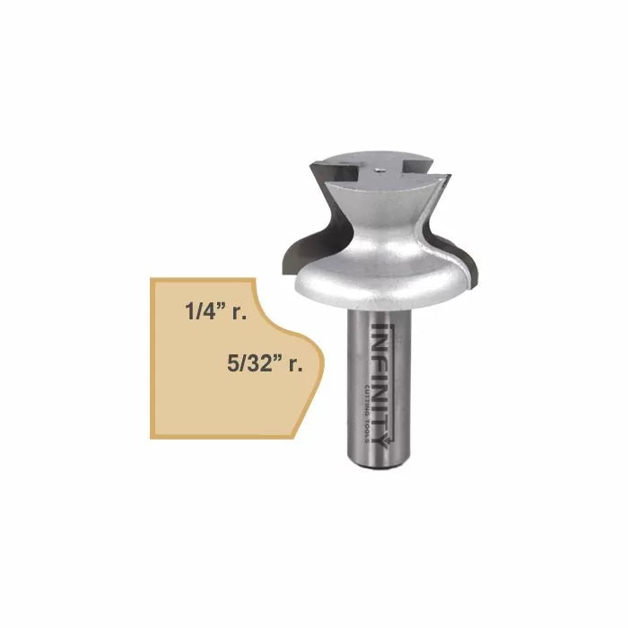 Two-flute roundover and ogee router bit with 1/4 inch and 5/32 inch radii.