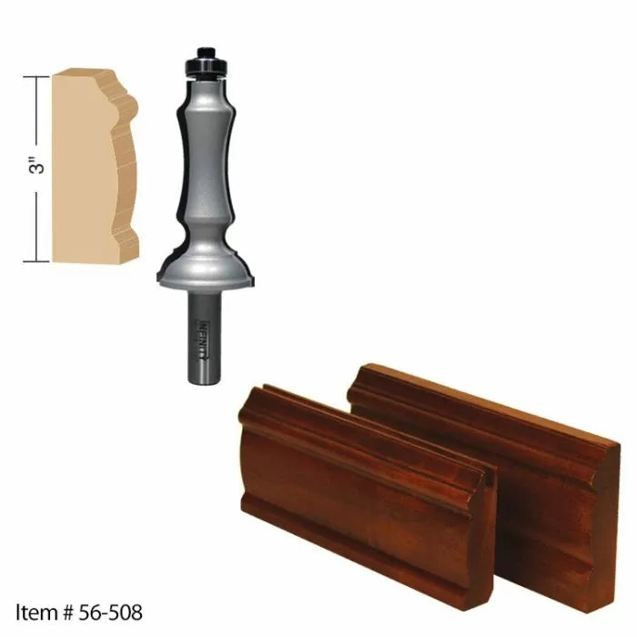 Woodworking router bit for 3-inch crown molding with finished wood sample profiles.
