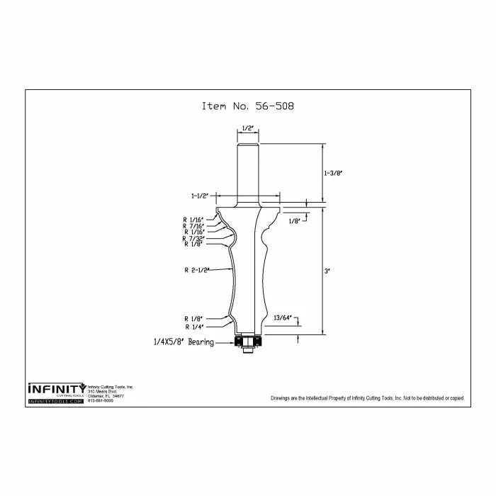 Technical drawing of woodworking router bit with dimensions and labeled radii.