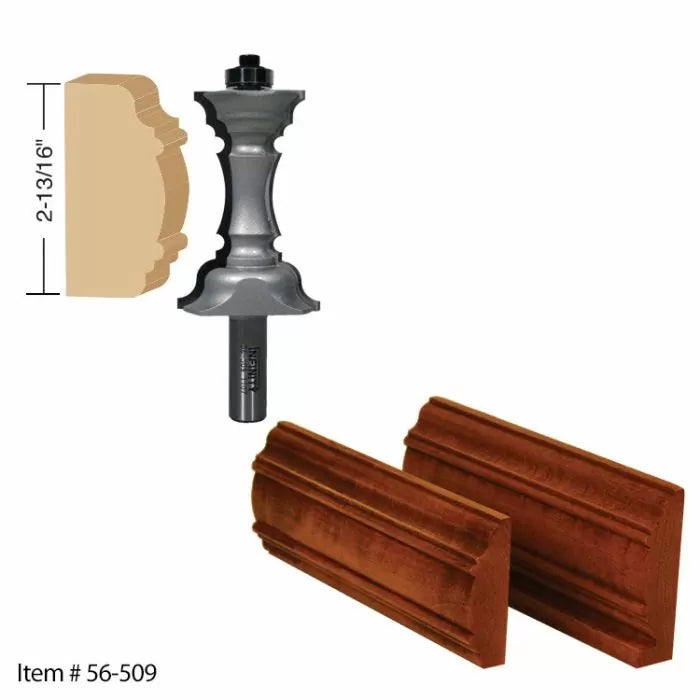 Crown molding router bit with profile diagram and two wood molding samples, woodworking tool.