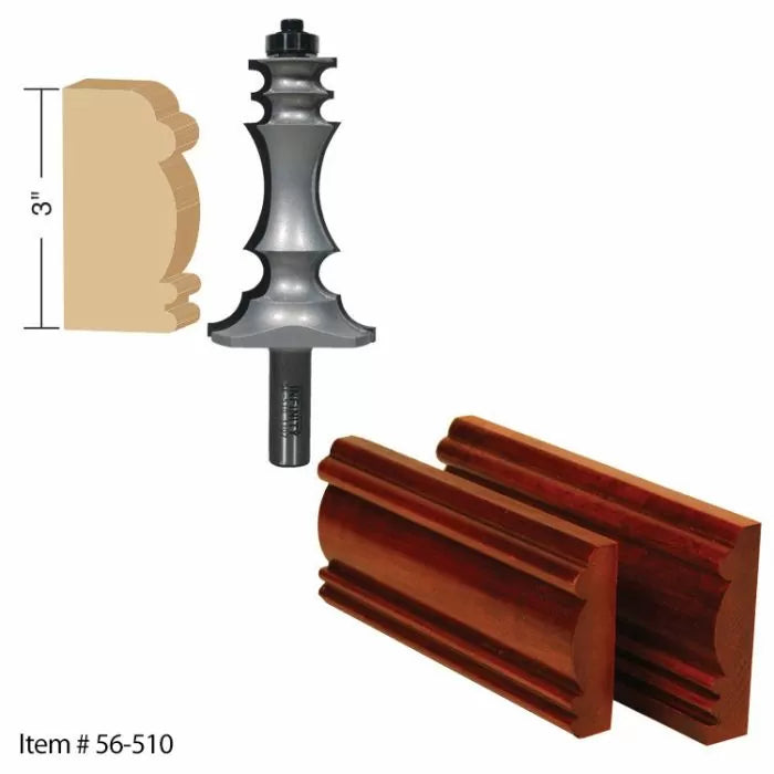 Crown molding router bit with 3-inch profile and finished wood molding samples