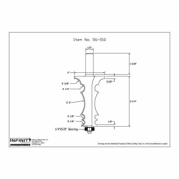 Router bit profile diagram with detailed dimensions for woodworking, labeled item 56-510.