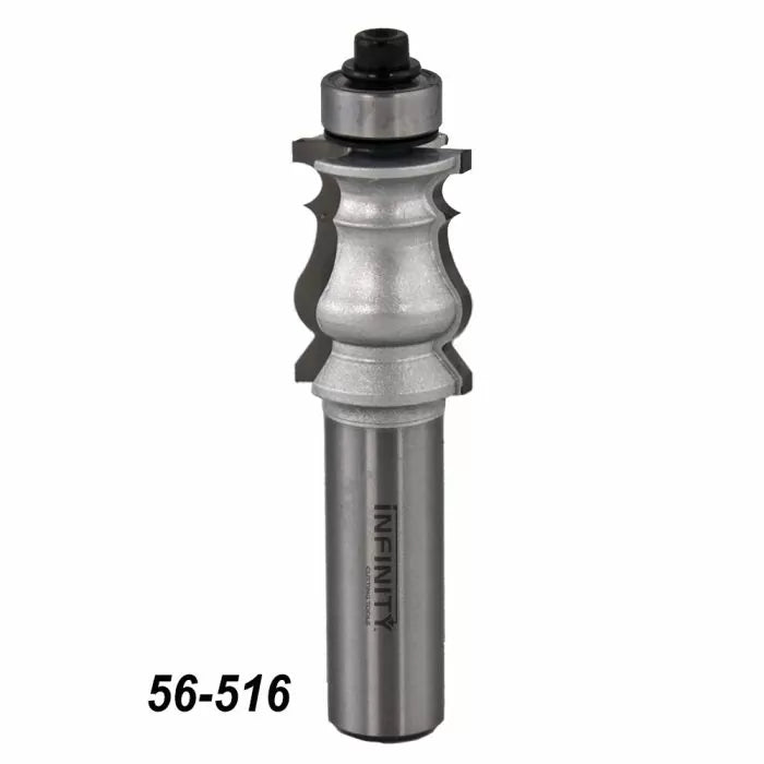 Decorative router bit with ball bearing, fluted profile, and model number 56-516 visible.