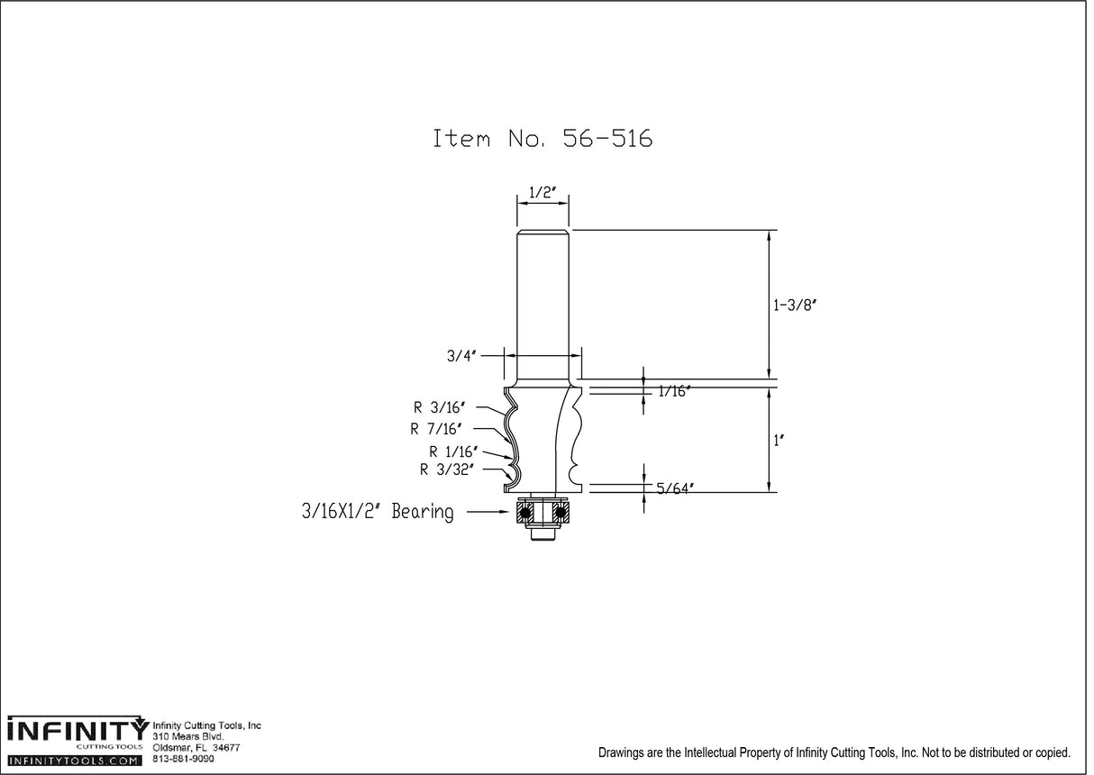 Router bit technical drawing with detailed measurements, item 56-516, woodworking tool