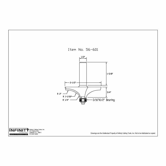 Technical diagram of router bit 56-601 with labeled dimensions and bearing size for woodworking.