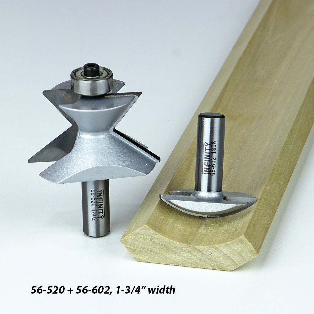 Two metal router bits for woodworking with cut molding profile and engraved part numbers