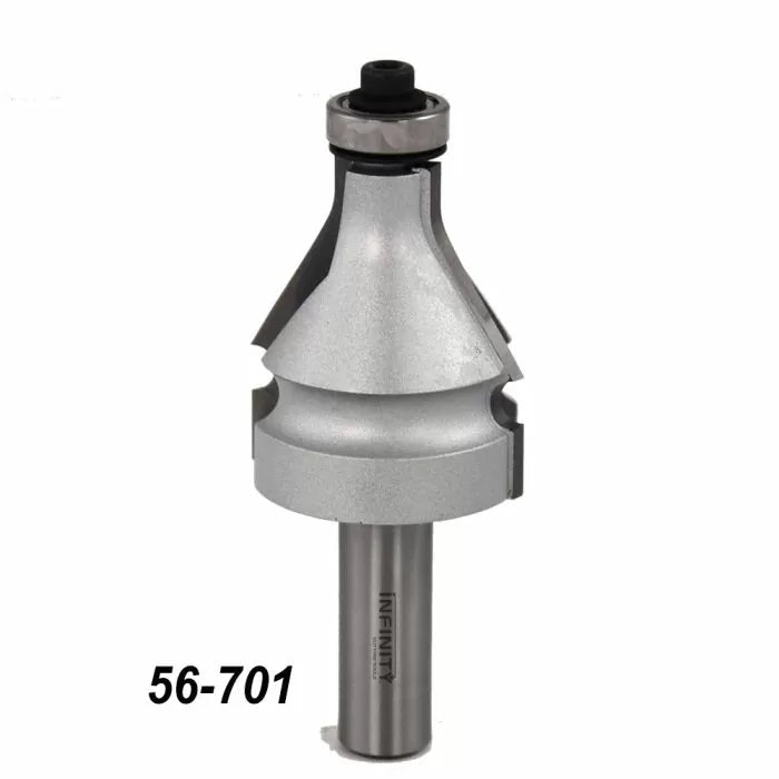 Steel woodworking router bit with bearing edge and 56-701 product number visible.