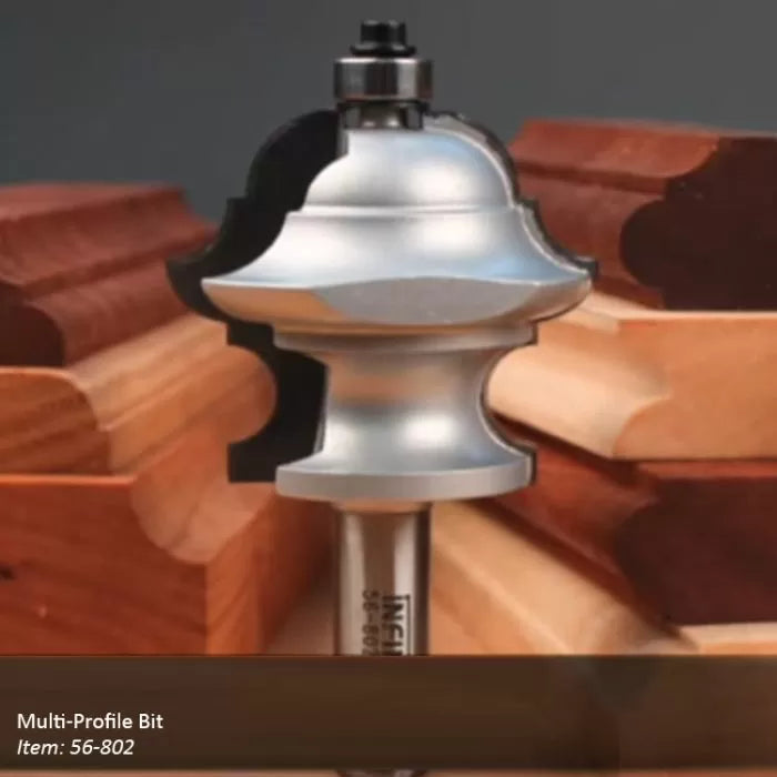 Multi-profile router bit with shaped wood samples, woodworking tool for detailed edge profiles
