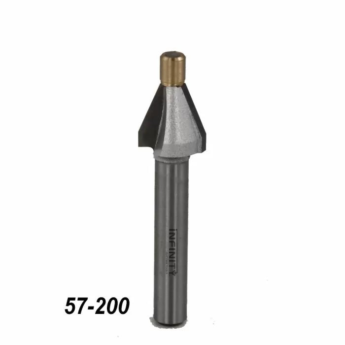 Chamfer router bit with carbide tip for woodworking, shown upright on white background